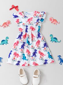 Niñas Vestido con estampado de dinosaurio ribete con fruncido - Blanco - Ver 1