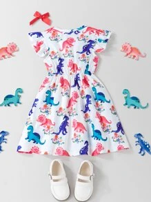Niñas Vestido con estampado de dinosaurio ribete con fruncido - Blanco - Ver 2