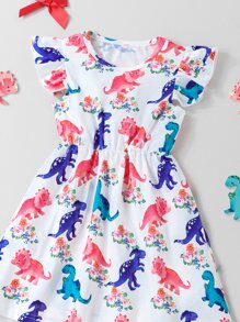 Niñas Vestido con estampado de dinosaurio ribete con fruncido - Blanco - Ver 3