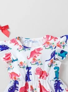 Niñas Vestido con estampado de dinosaurio ribete con fruncido - Blanco - Ver 4