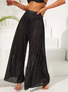 Striped Sheer Mesh Bikini Bottom - Black - View 1