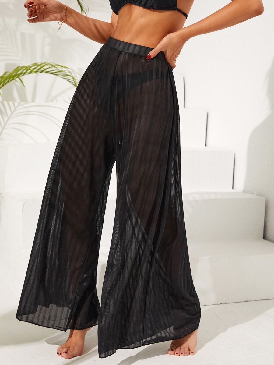 Striped Sheer Mesh Bikini Bottom - Black - View 1