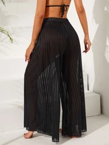 Striped Sheer Mesh Bikini Bottom - Black - View 2