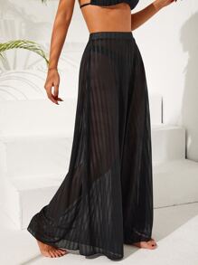 Striped Sheer Mesh Bikini Bottom - Black - View 3