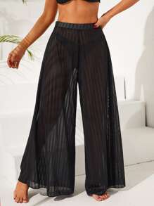 Striped Sheer Mesh Bikini Bottom - Black - View 4