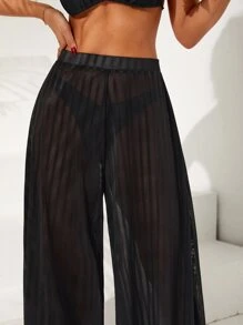 Striped Sheer Mesh Bikini Bottom - Black - View 6