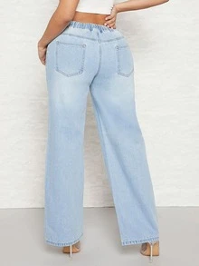 SHEIN SXY Drawstring Waist Wide Leg Jeans - Light Wash - View 3