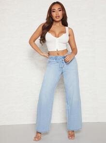 SHEIN SXY Drawstring Waist Wide Leg Jeans - Light Wash - View 4
