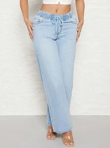 SHEIN SXY Drawstring Waist Wide Leg Jeans - Light Wash - View 5
