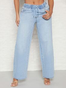 SHEIN SXY Drawstring Waist Wide Leg Jeans - Light Wash - View 1