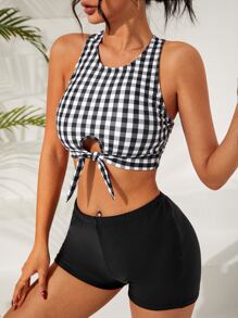Gingham Knot Front Bikini Set Summer Beach - Black and White - View 6