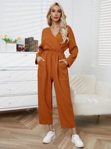 SHEIN LUNE Solid Surplice Neck Slant Pocket Jumpsuit - Coffee Brown - View 1
