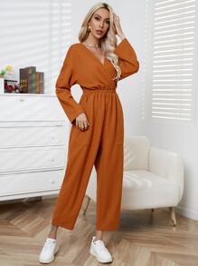 SHEIN LUNE Solid Surplice Neck Slant Pocket Jumpsuit - Coffee Brown - View 4