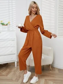 SHEIN LUNE Solid Surplice Neck Slant Pocket Jumpsuit - Coffee Brown - View 6