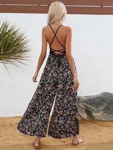 SHEIN VCAY Floral Print Lace Up Backless Wide Leg Cami Jumpsuit - Black - View 2