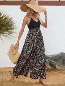 SHEIN VCAY Floral Print Lace Up Backless Wide Leg Cami Jumpsuit - Black - View 3