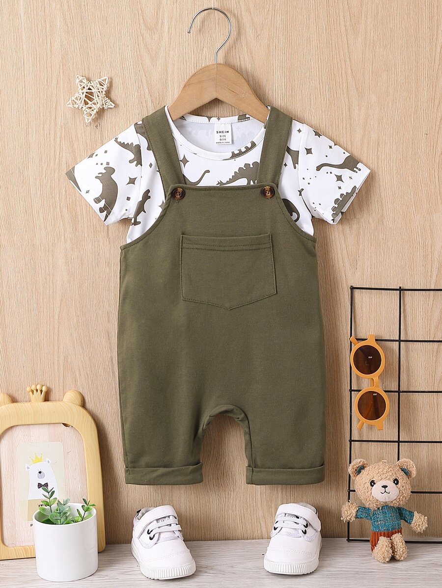 Baby Boy Dinosaur Print Tee & Patched Pocket Overall Romper - Multicolor - View 1