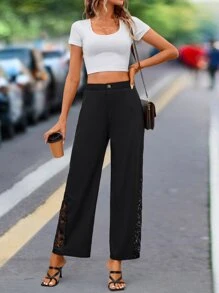 SHEIN LUNE Pantalones de pierna ancha con encaje en contraste - Negro - Ver 1