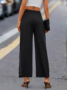 SHEIN LUNE Pantalones de pierna ancha con encaje en contraste - Negro - Ver 2