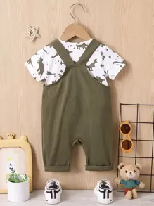 Baby Boy Dinosaur Print Tee & Patched Pocket Overall Romper - Multicolor - View 2