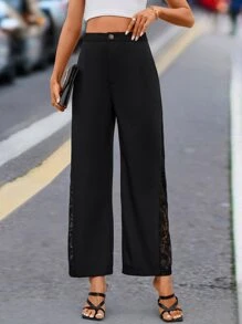 SHEIN LUNE Pantalones de pierna ancha con encaje en contraste - Negro - Ver 4