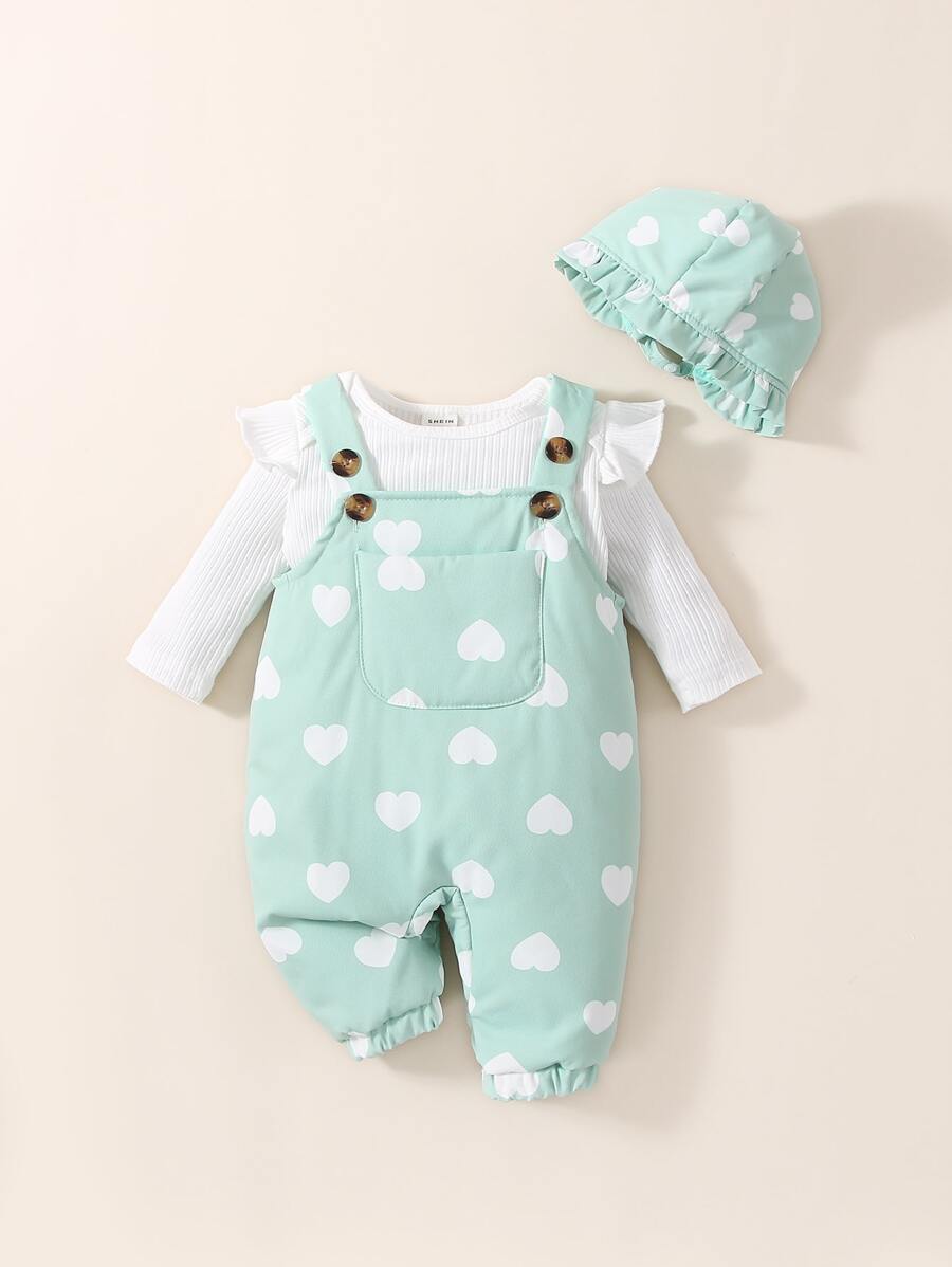 Newborn Baby Ruffle Trim Bodysuit & Heart Print Overall Jumpsuit - Multicolor - View 1