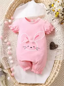 Rompers Em bé Xù viền lá sen Hoạt hình - Hồng - Xem 1