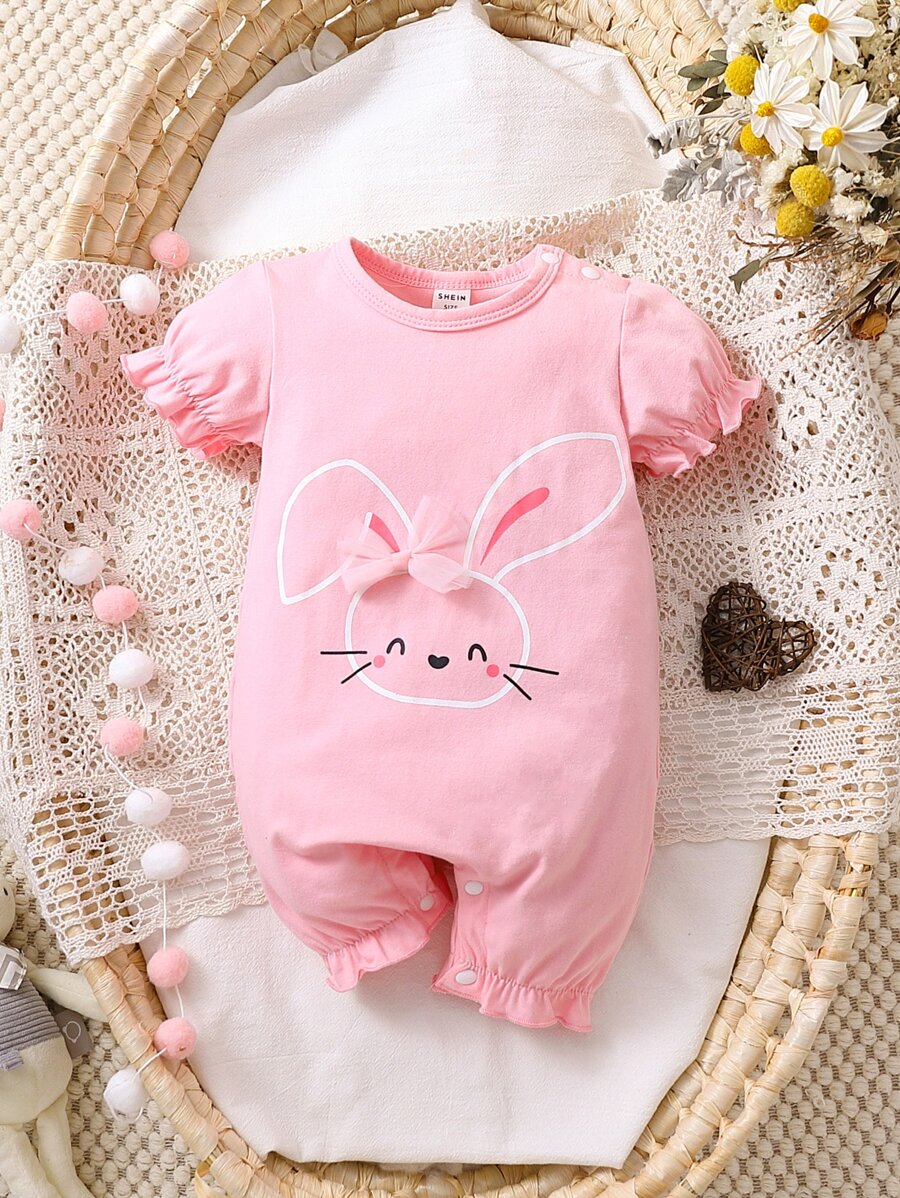 Rompers Em bé Xù viền lá sen Hoạt hình - Hồng - Xem 1