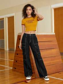 SHEIN Coolane 翻蓋口袋包縫工裝牛仔褲