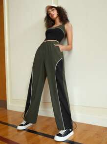 SHEIN EZwear 撞色滾邊背心上衣和褲子 - 彩色 - 查看 4