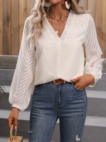 SHEIN LUNE V Neck Lantern Sleeve Blouse - Apricot - View 1