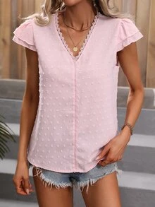 SHEIN LUNE Swiss Dot Lace Trimmed Blouse - Baby Pink - View 3