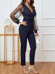 Zolique Mesh Insert Lantern Sleeve Tie Back Jumpsuit - Navy Blue - View 4