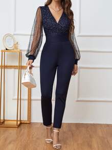 Zolique Mesh Insert Lantern Sleeve Tie Back Jumpsuit - Navy Blue - View 6
