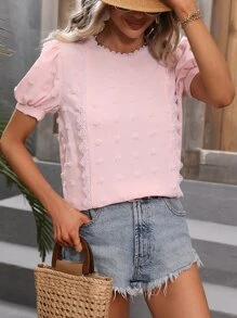 SHEIN Clasi Swiss Dot Guipure Lace Insert Puff Sleeve Blouse - Pink - View 5