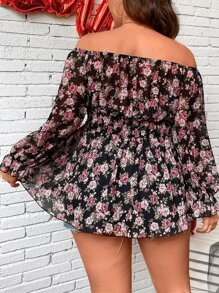 Celure Plus Floral Print Off Shoulder Flounce Sleeve Peplum Blouse - Multicolor - View 2