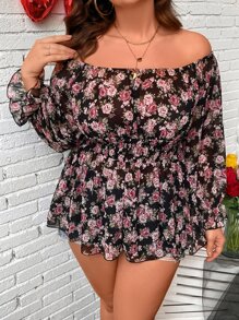 Celure Plus Floral Print Off Shoulder Flounce Sleeve Peplum Blouse - Multicolor - View 3