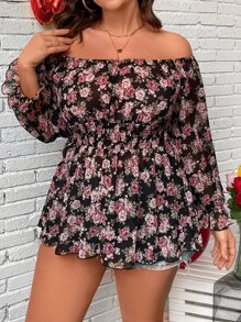 Celure Plus Floral Print Off Shoulder Flounce Sleeve Peplum Blouse - Multicolor - View 5