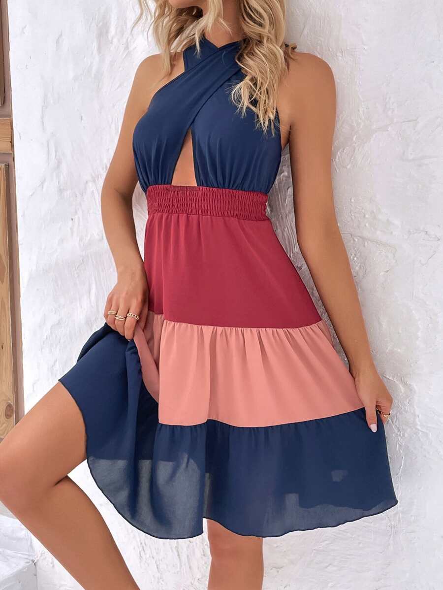 Breezaya 撞色交叉圍裹露背荷葉邊連衣裙 - 彩色 - 查看 1