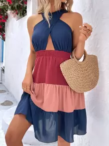 Breezaya 撞色交叉圍裹露背荷葉邊連衣裙 - 彩色 - 查看 3