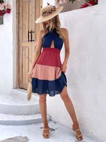 Breezaya 撞色交叉圍裹露背荷葉邊連衣裙 - 彩色 - 查看 5