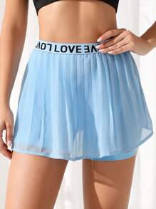 SHEIN Sports 腰部字母條帶百褶網紗覆蓋運動裙褲