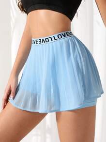 SHEIN Sports 腰部字母條帶百褶網紗覆蓋運動裙褲