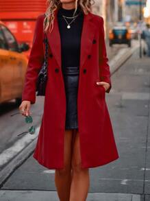 SHEIN Essnce Lapel Neck Double Breasted Overcoat - Red - View 5