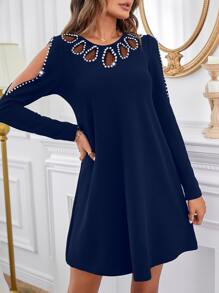 SHEIN LUNE Cut Out Pearls Beaded A-line Dress - Navy Blue - View 4