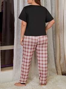 Plus Slogan Graphic Tee & Plaid Print Trousers PJ Set - Multicolor - View 2