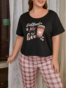 Plus Slogan Graphic Tee & Plaid Print Trousers PJ Set - Multicolor - View 5
