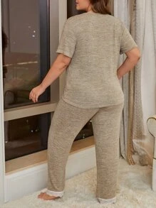 Plus Contrast Lace Trim Marled Knit PJ Set / Pajama Set - Camel - View 2