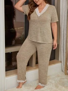 Plus Contrast Lace Trim Marled Knit PJ Set / Pajama Set - Camel - View 3