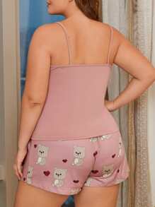 Plus Cartoon Bear & Heart Print Lace Trim Bow Front PJ Set - Dusty Pink - View 2